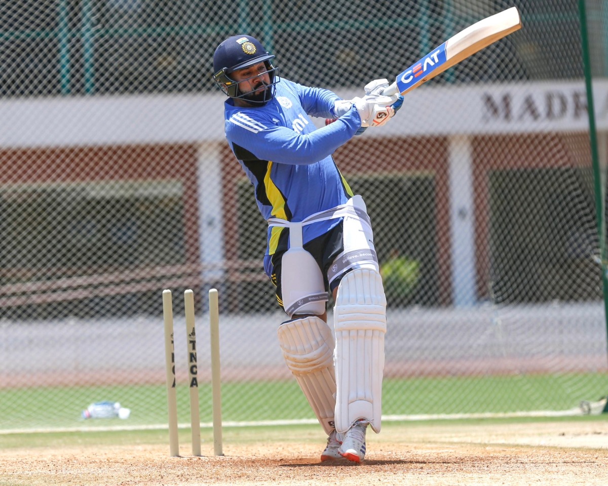 Captain Rohit Sharma attempts his favourite shot while batting in the nets at the Chepauk Stadium in Chennai on Monday 