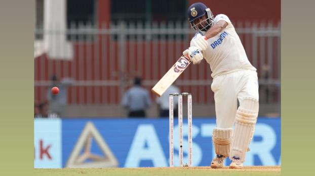 Ravichandran Ashwin hits a boundary.