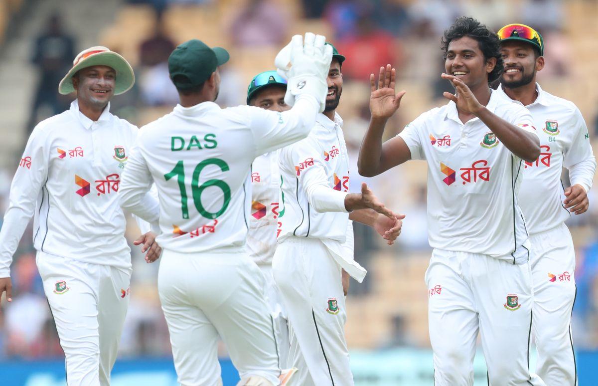 Bangladesh's players celebrate the wicket of Shubman Gill