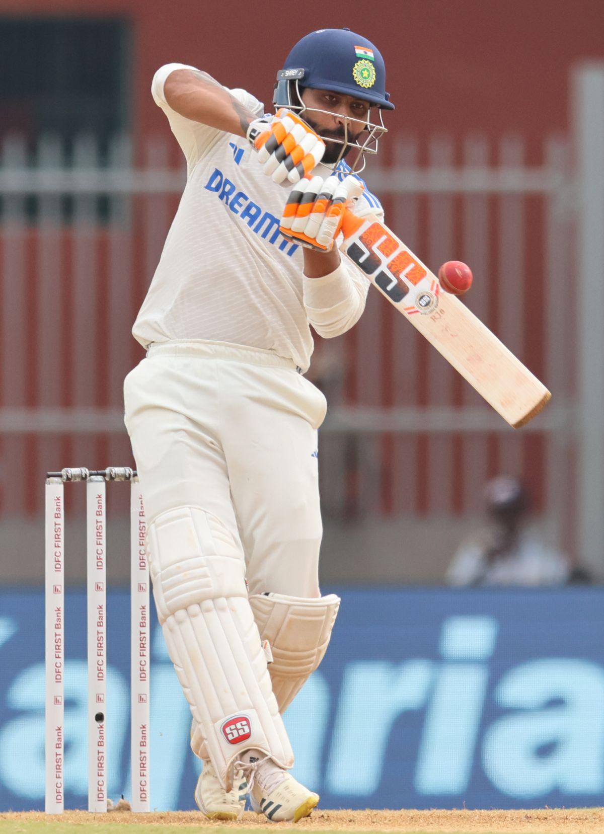 Ravindra Jadeja plays the pull shot.