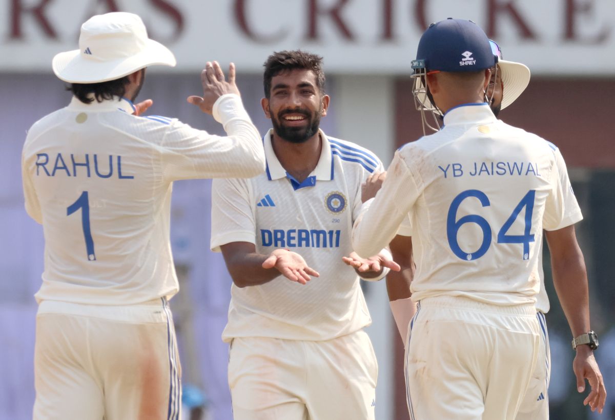 Jasprit Bumrah celebrates the wicket of Taskin Ahmed