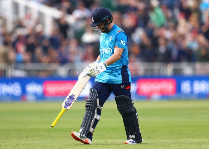 England's Ben Duckett looks dejected as he walks back to the pavilion after losing his wicket, caught and bowled by Marnus Labuschagne.