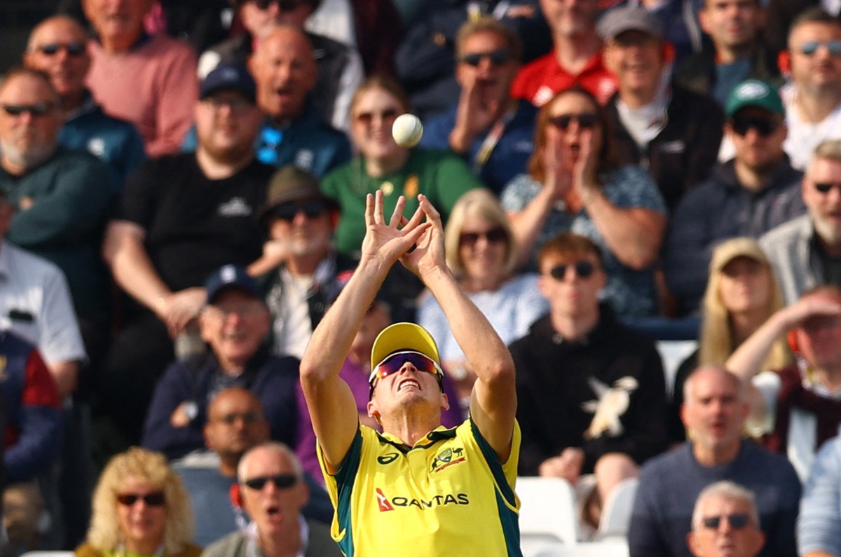 Cameron Green takes the catch to dismiss Liam Livingstone, off the bowling of Adam Zampa.