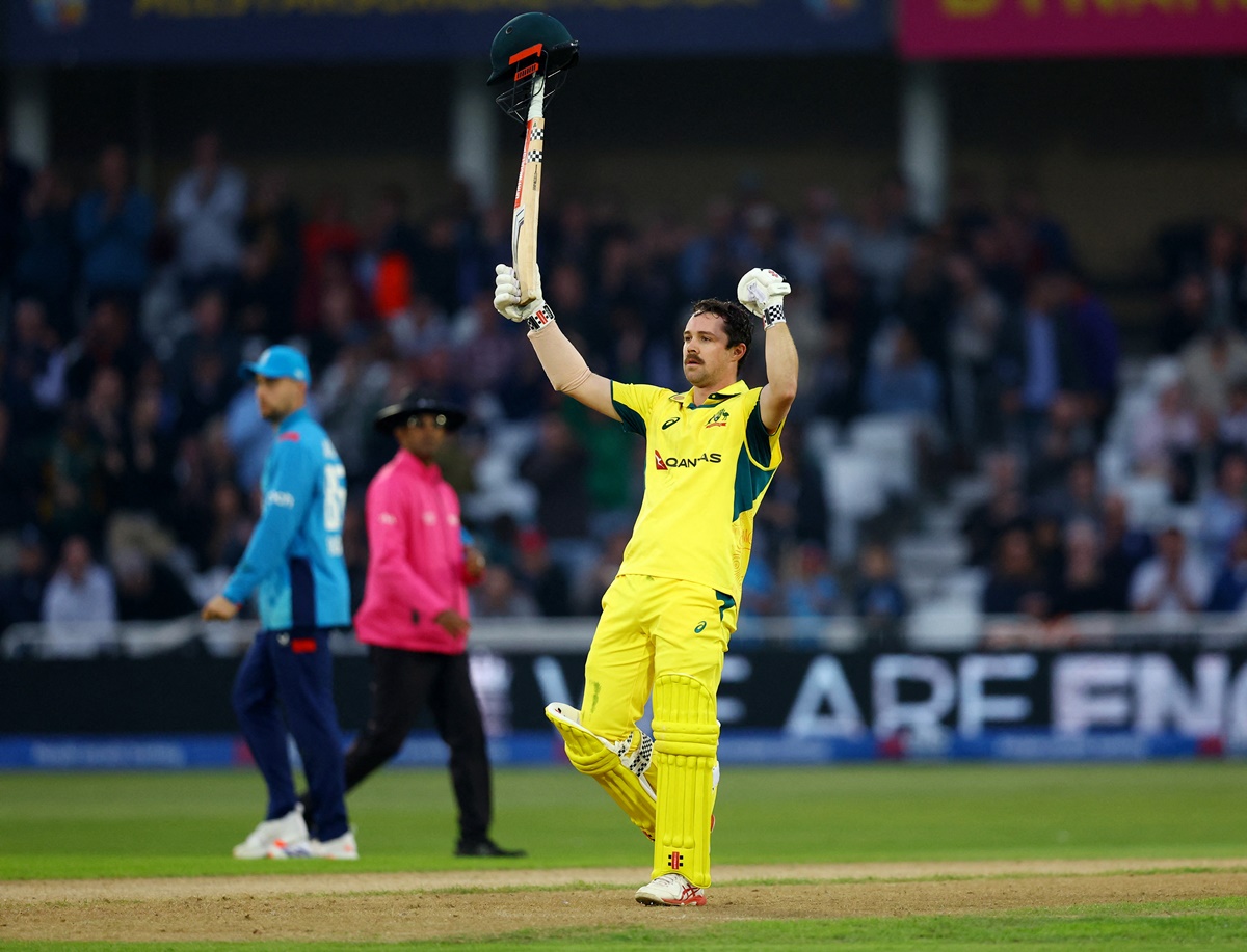 Australia opener Travis Head celebrates his century in the first One-Day International against England at Trent Bridge, Nottingham, on Thursday.