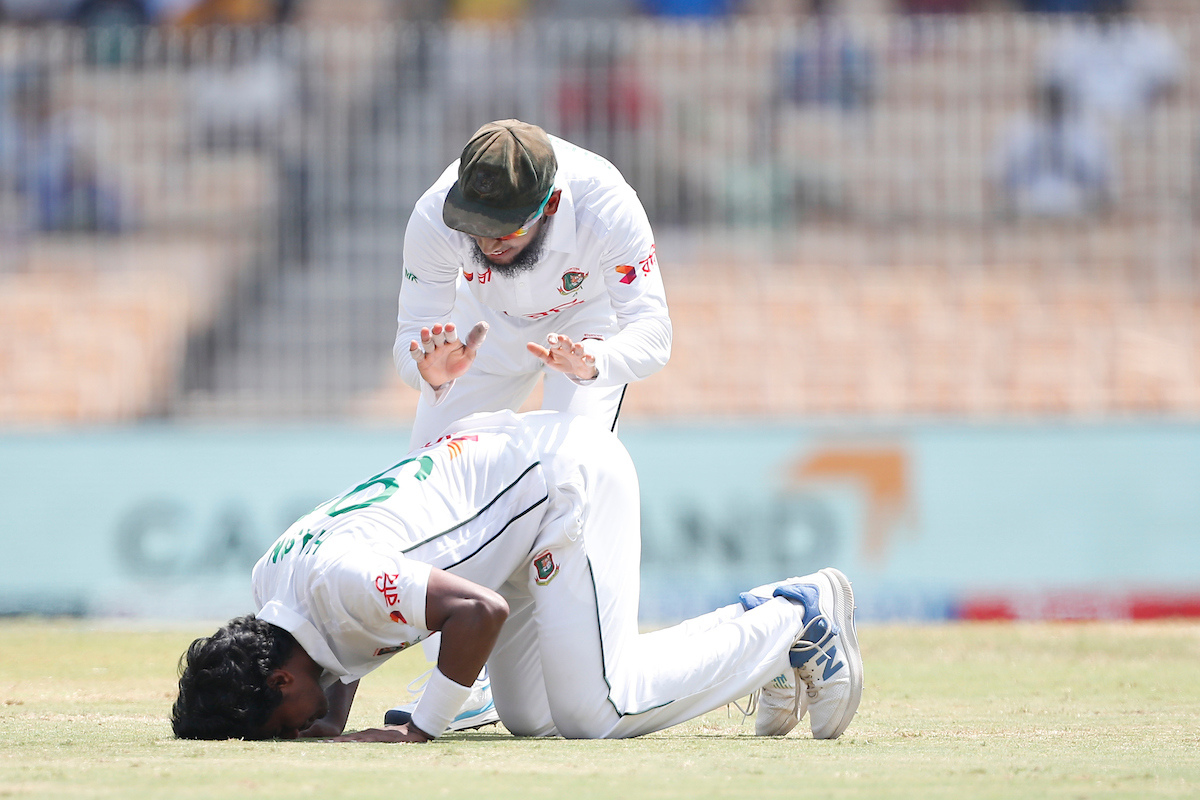 Bangladesh pacer Hasan Mahmud celebrates on dismissing Jasprit Bumrah to complete five-wicket haul in the first innings 