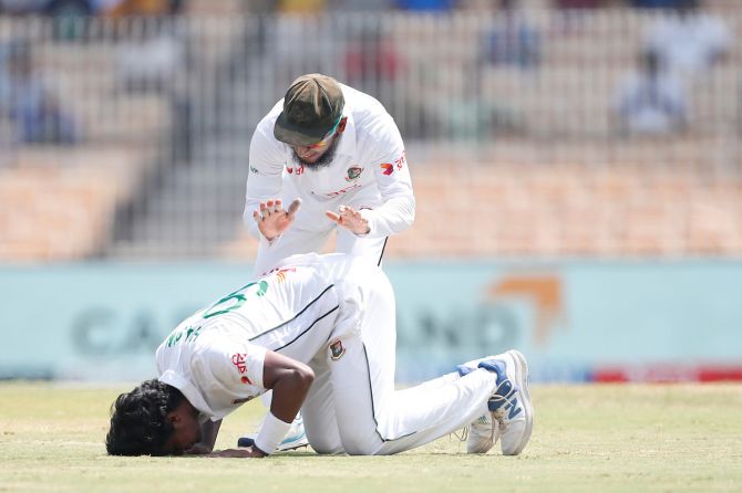 Bangladesh pacer Hasan Mahmud celebrates on dismissing Jasprit Bumrah to complete five-wicket haul in the first innings 