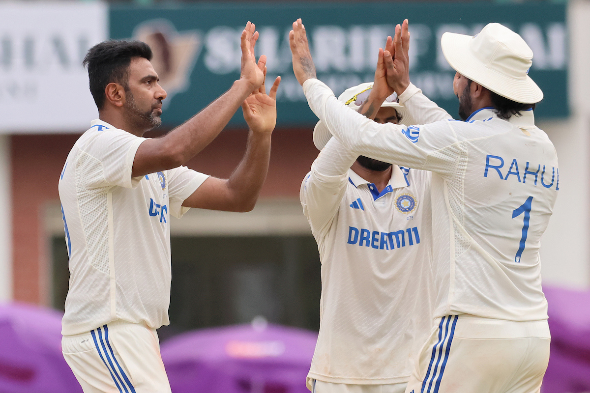 India's Ravichandran Ashwin celebrates the wicket of Bangladesh's Mushfiqur Rahim during day three of the first Test match between India and Bangladesh at the M A Chidambaram Stadium, in Chennai, on Saturday.