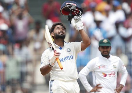 Rishabh celebrates after scoring his century