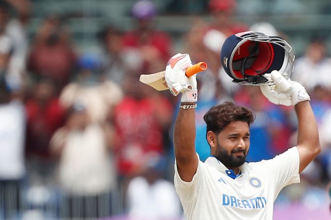 Rishabh Pant celebrates his century on Day 3 of the first Test match between India and Bangladesh, at the MA Chidambaram Stadium in Chennai, India, on Saturday.