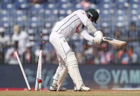 Taskin Ahmed is bowled by Jasprit Bumrah