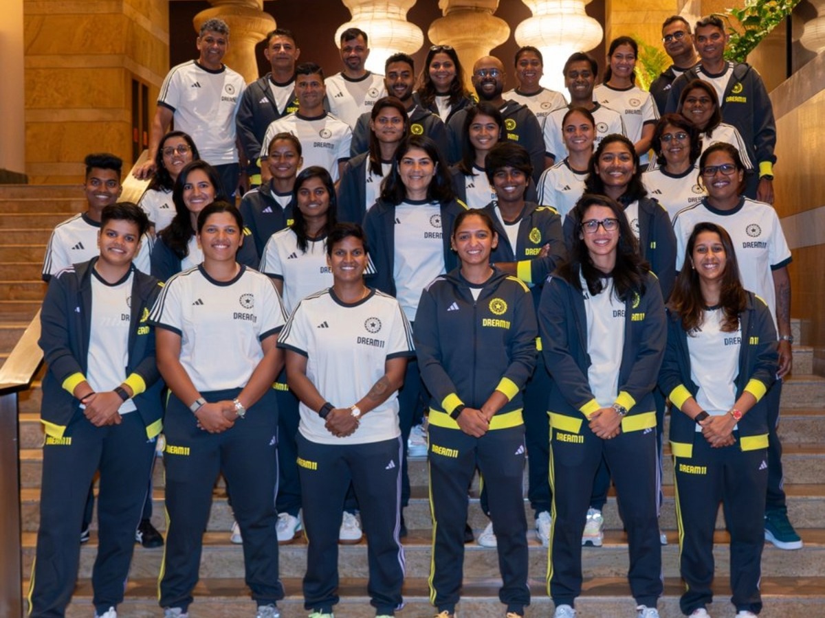 The Harmanpreet  Kaur-led Indian women's team ahead of their departure for the Women's World Cup, on Tuesday