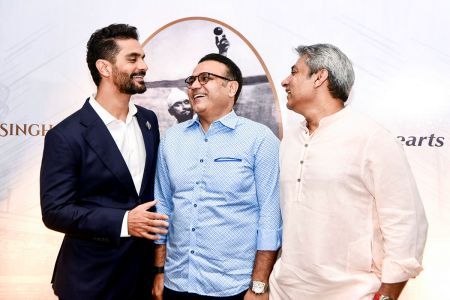 Former India batters Virender Sehwag and Ajay Jadeja share a laugh with Angad Bedi