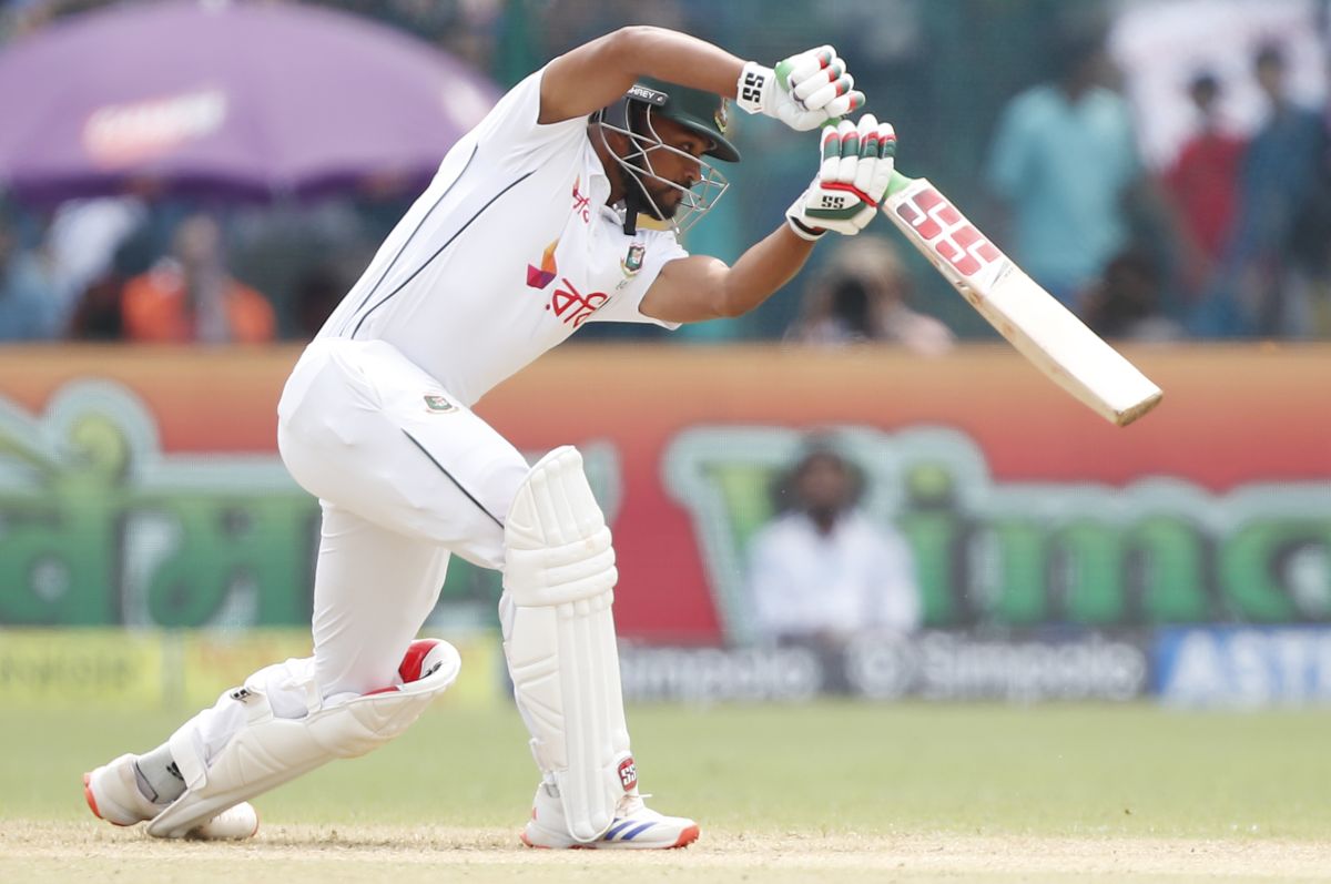 Najmul Hossain Shanto hits a boundary on Day 1 of the 2nd Test against India in Kanpur