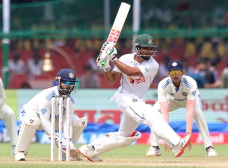 Bangladesh captain Najmul Hossain Shanto plays the reverse sweep.