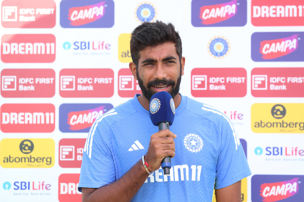 Jasprit Bumrah speaks to broadcasters ahead of play on Day 4 of the Second Test match between India and Bangladesh at the Green Park Cricket Ground, Kanpur, on Monday