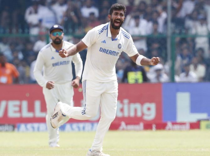 Jasprit Bumrah celebrates the wicket of Mehidy Hasan Miraz.