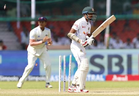 Taijul Islam is bowled by Jasprit Bumrah.