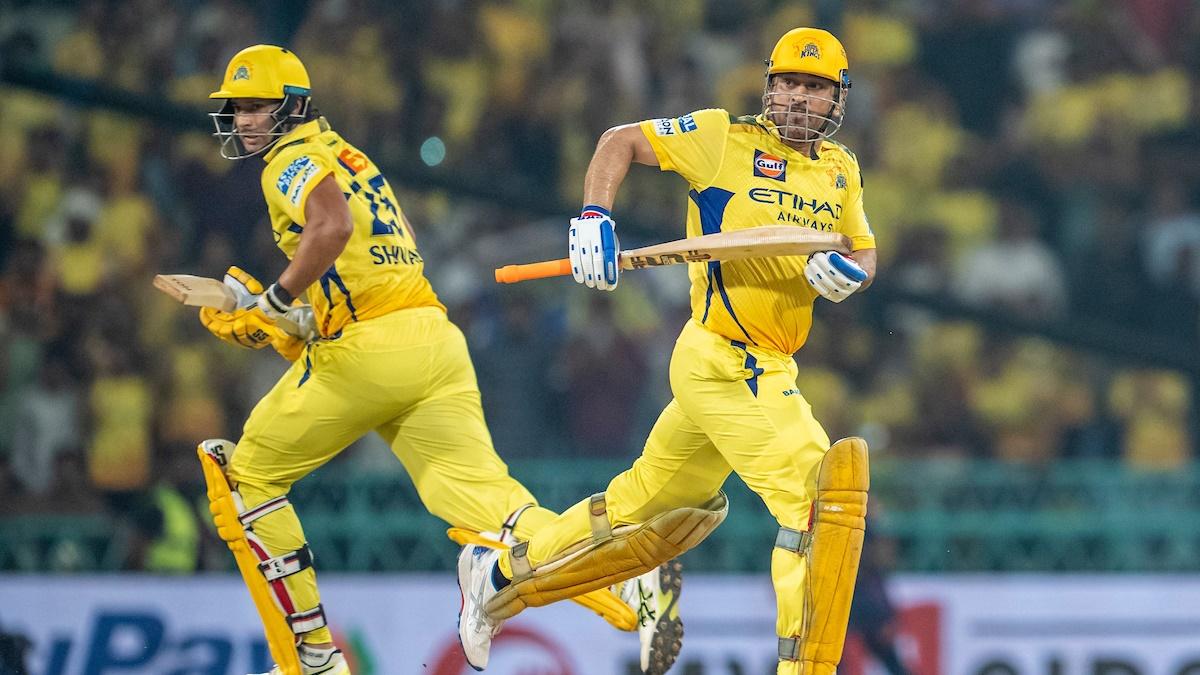 Chennai Super Kings's Shivam Dube and Mahendra Singh Dhoni run between the wickets during their match-winning partnership of 57 runs for the sixth wicket in the IPL match against Lucknow Super Giants in Lucknow on Monday.