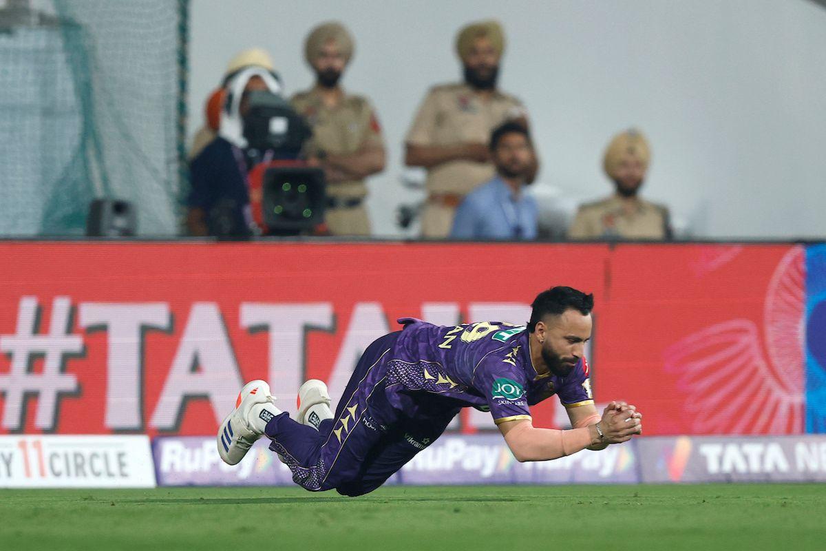 Ramandeep Singh dives forward and takes a catch to dismiss Shreyas Iyer for a duck