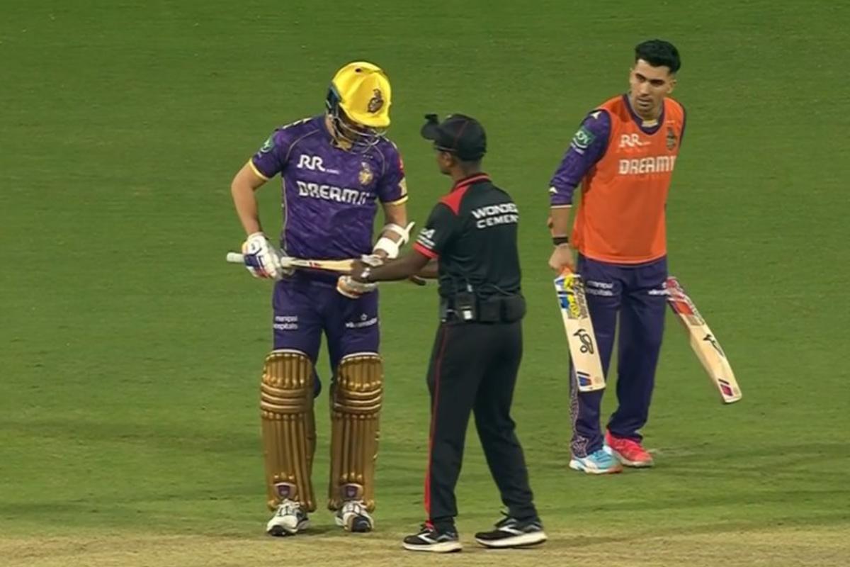 In the game against Punjab Kings on Tuesday, Kolkata Knight Riders' Anrich Nortje's bat did not pass the test and he had to change his bat.