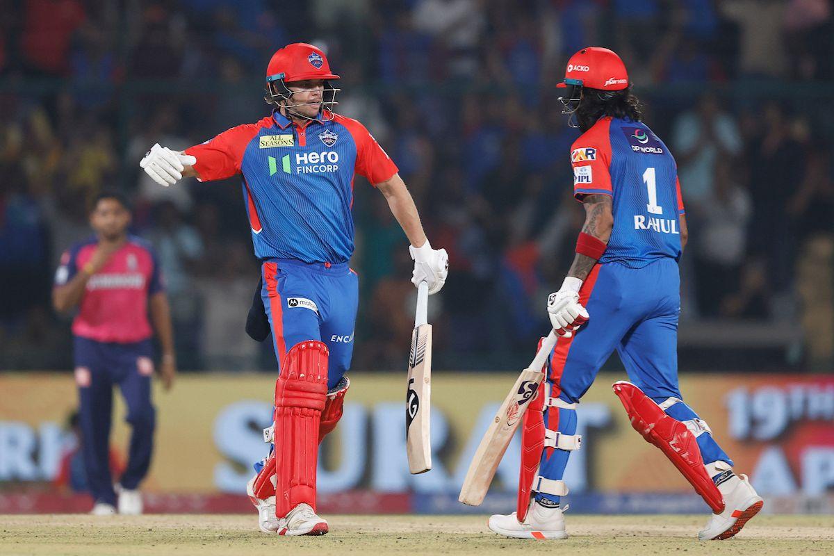 Delhi Capitals' Tristan Stubbs celebrates with teammate KL Rahul after their win over Rajasthan Royal in the Super Over
