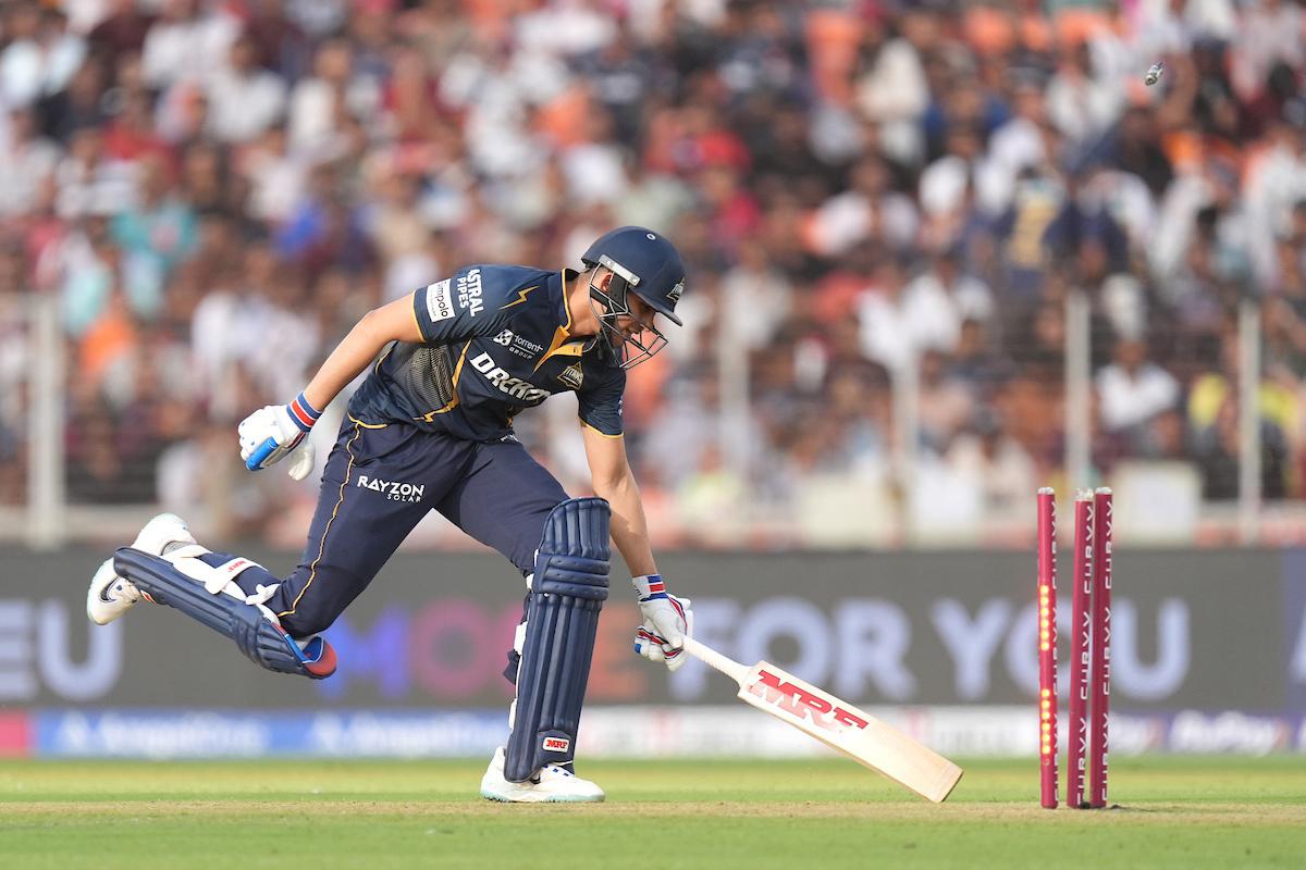 Shubman Gill is run out by Karun Nair