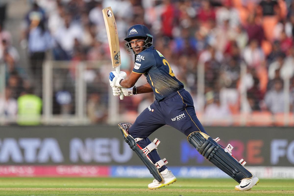 Sai Sudharsan hits a boundary.