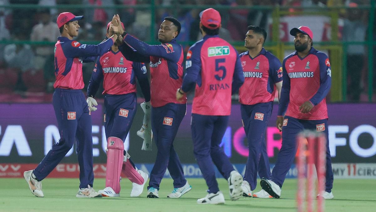 Rajasthan Royals players celebrate after Shimron Hetmyer catches Lucknow Super Giants opener Mitchell Marsh, off Jofra Archer's bowling, during the IPL match in Jaipur on Saturday.