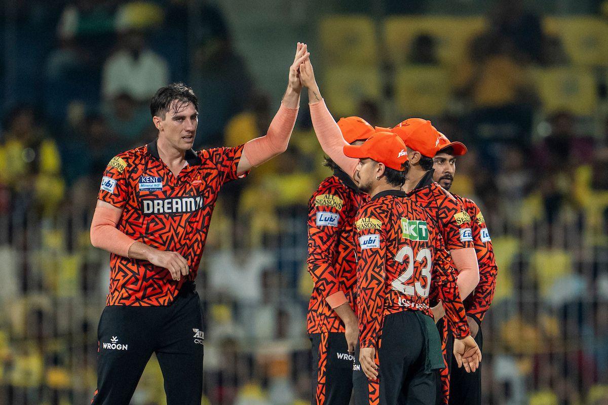 Pat Cummins celebrates the wicket of Ayush Mhatre