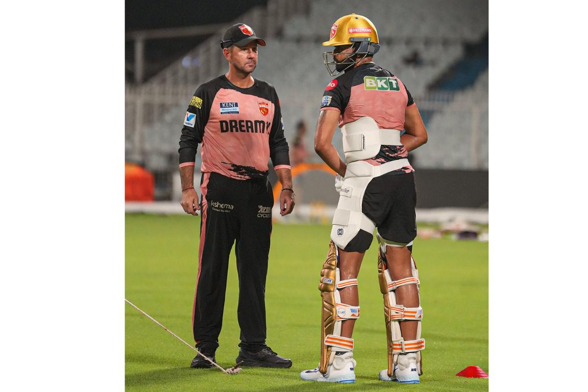 Shreyas Iyer and Ricky Ponting at a nets session on Friday