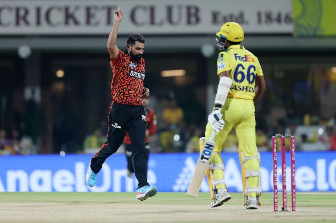 Mohammad Shami celebrates the wicket of Shaik Rasheed on Friday