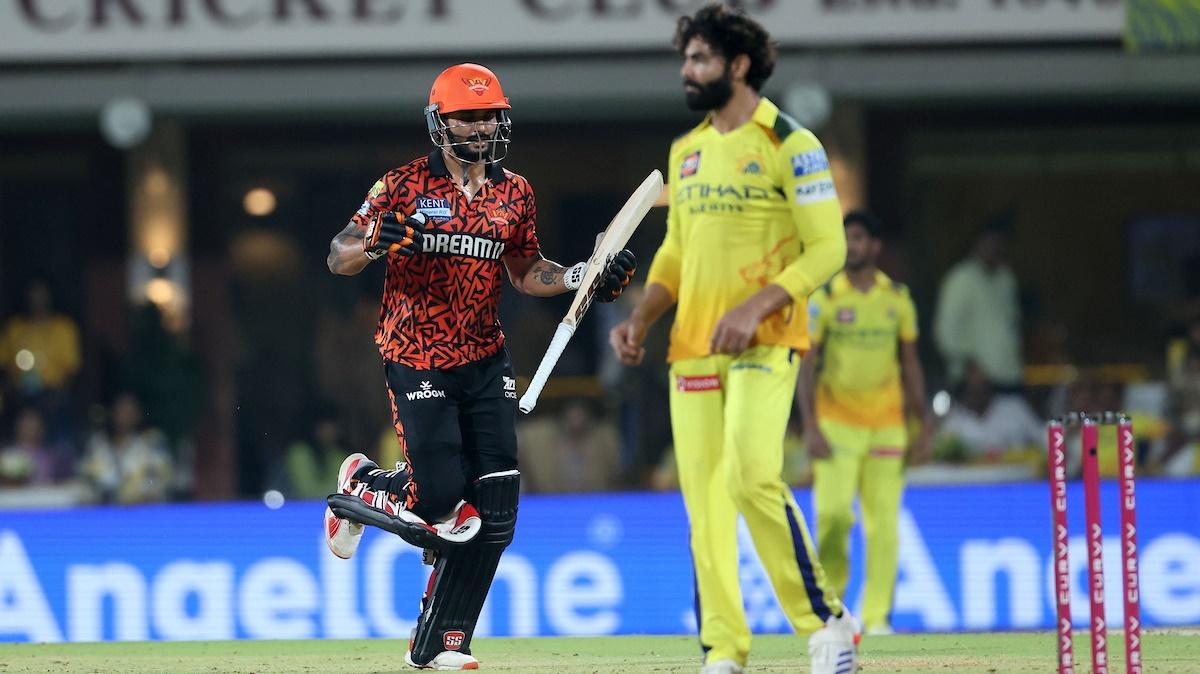Nitish Kumar Reddy breaks into celebration after Sunrisers Hyderabad clinch victory over Chennai Super Kings in the IPL match at the M A Chidambaram stadium, in Chennai, on Friday.