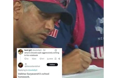 Rahul Dravid writing on a notebook has become a meme after Rajasthan Royals' Vaibhav Suryavanshi become the youngest to hit an IPL ton