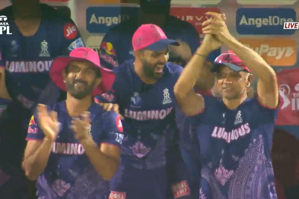 Rahul Dravid celebrates as Vaibhav Suryanshi completes his century