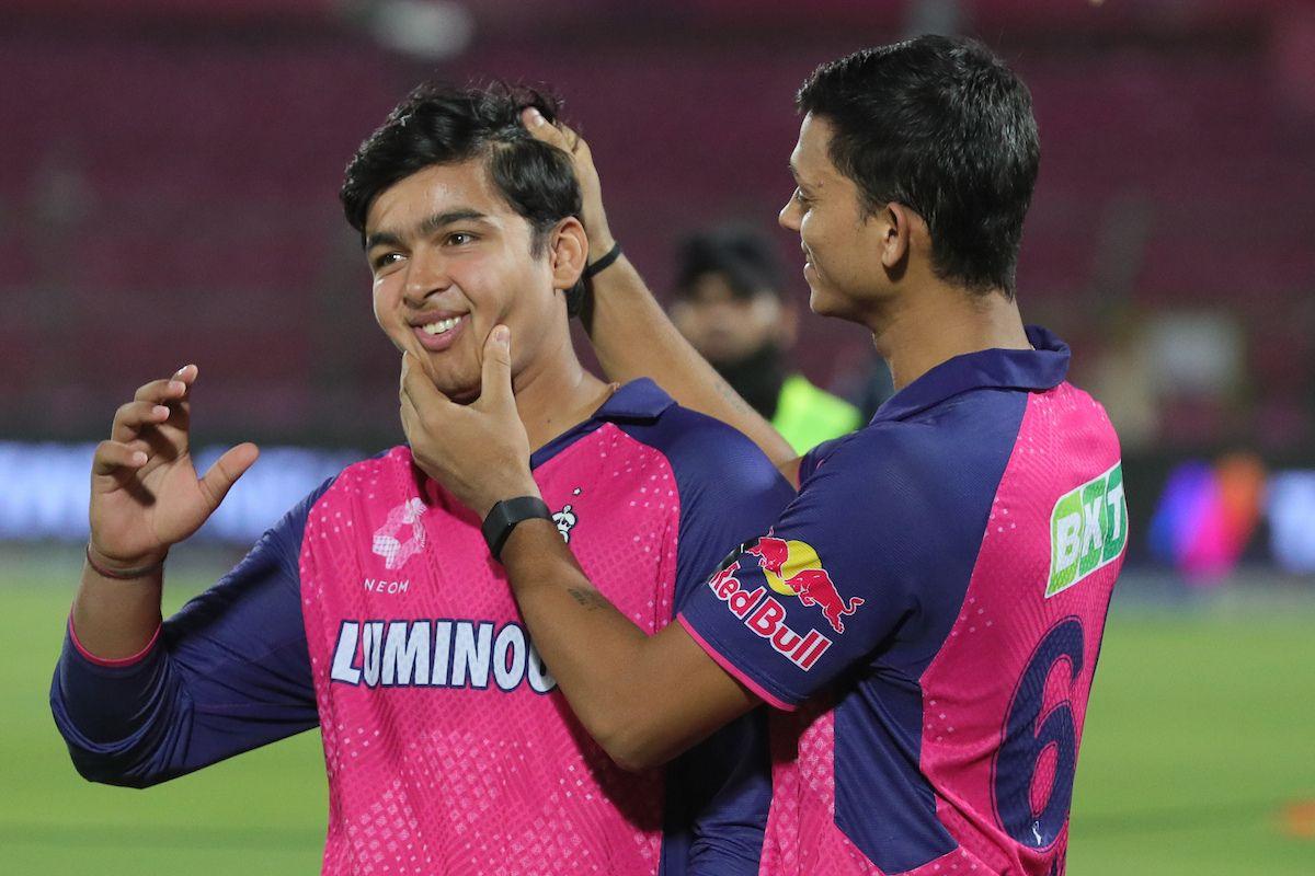 Rajasthan Royals' Yashasvi Jaiswal gets playful with Vaibhav Suryavanshi after their win over Gujarat Titans in Jaipur on Monday
