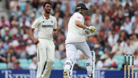 India pacer Prasidh Krishna reacts after bowling to Joe Root on Day 2 of the fifth Test against England at Kia Oval, London, on Friday.