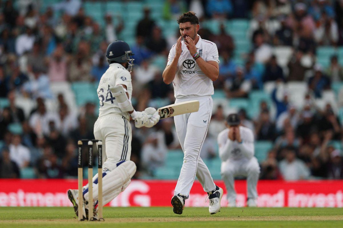 Josh Tongue reacts after Liam Dawson drops a catch to hand Yashasvi Jaiswal a second reprieve on Day 2 of the 5th Test at The Oval on Friday.