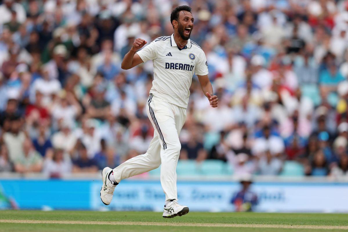 Prasidh Krishna celebrates the wicket of Josh Tongue