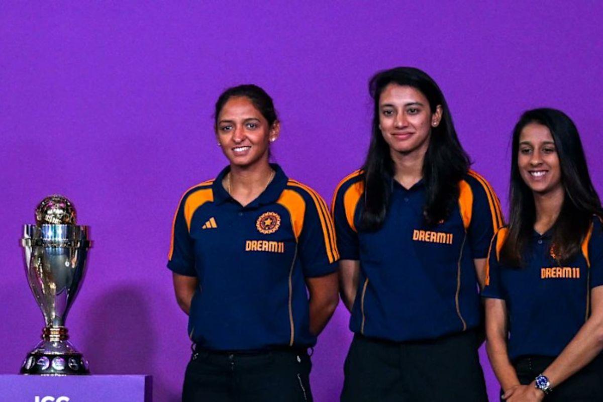 Indian women's ODI captain Harmanpreet Singh with teammates Smriti Mandhana and Jemimah Rodrigues at the ICC Women's World Cup Trophy unveiling ceremony on Monday
