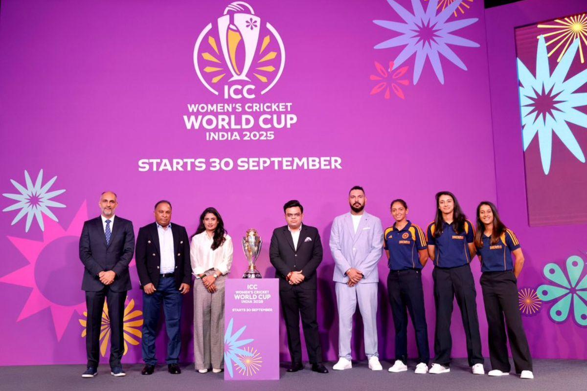 ICC Chairman Jay Shah with Mithali Raj, Yuvraj Singh and others at the trophy unveiling ceremony on Monday
