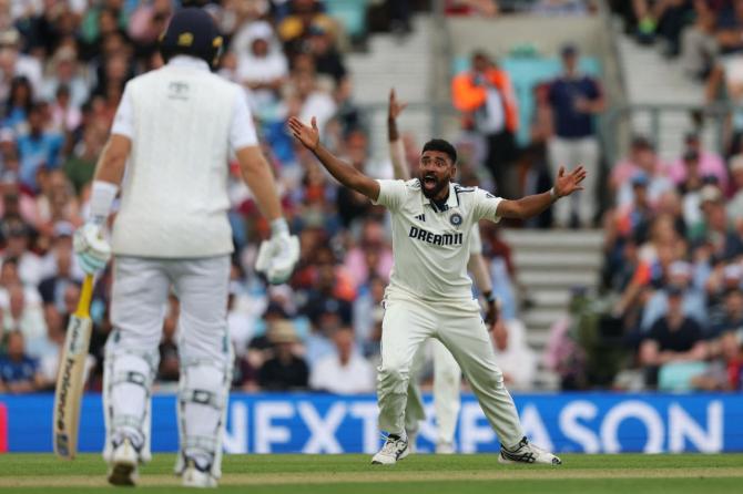 India's Mohammed Siraj successfully appeals for the lbw wicket of England's Ollie Pope