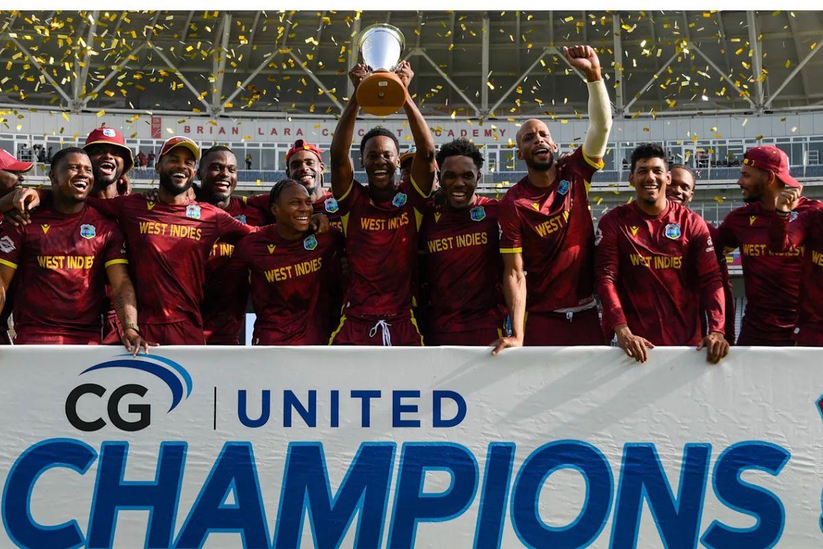 The West Indies team celebrate with the trophy after claiming the ODI series against Pakistan 2-1