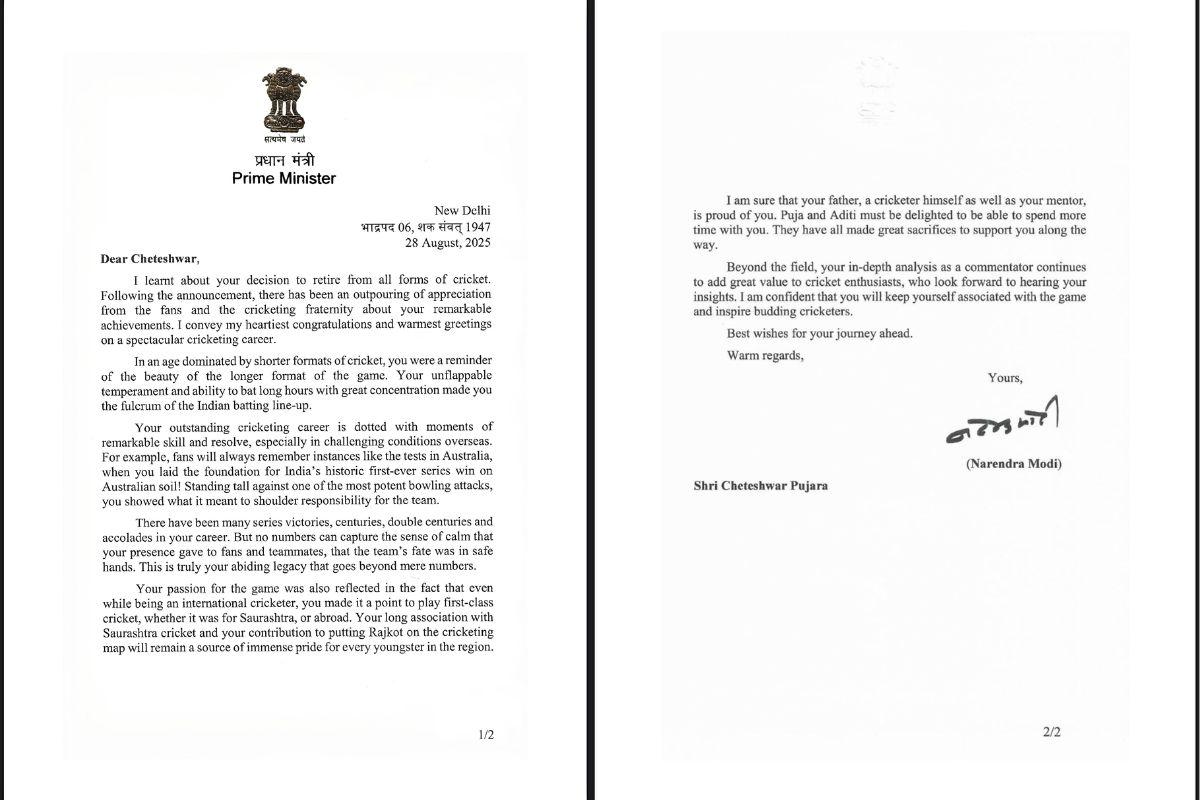 PM Modi's letter to Cheteshwar Pujara