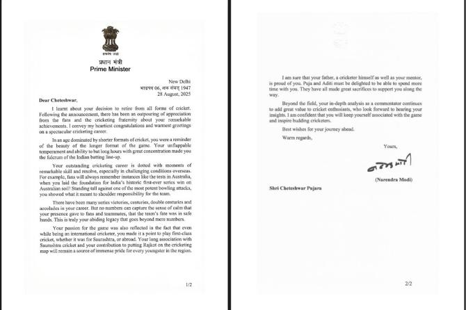 PM Modi's letter to Cheteshwar Pujara