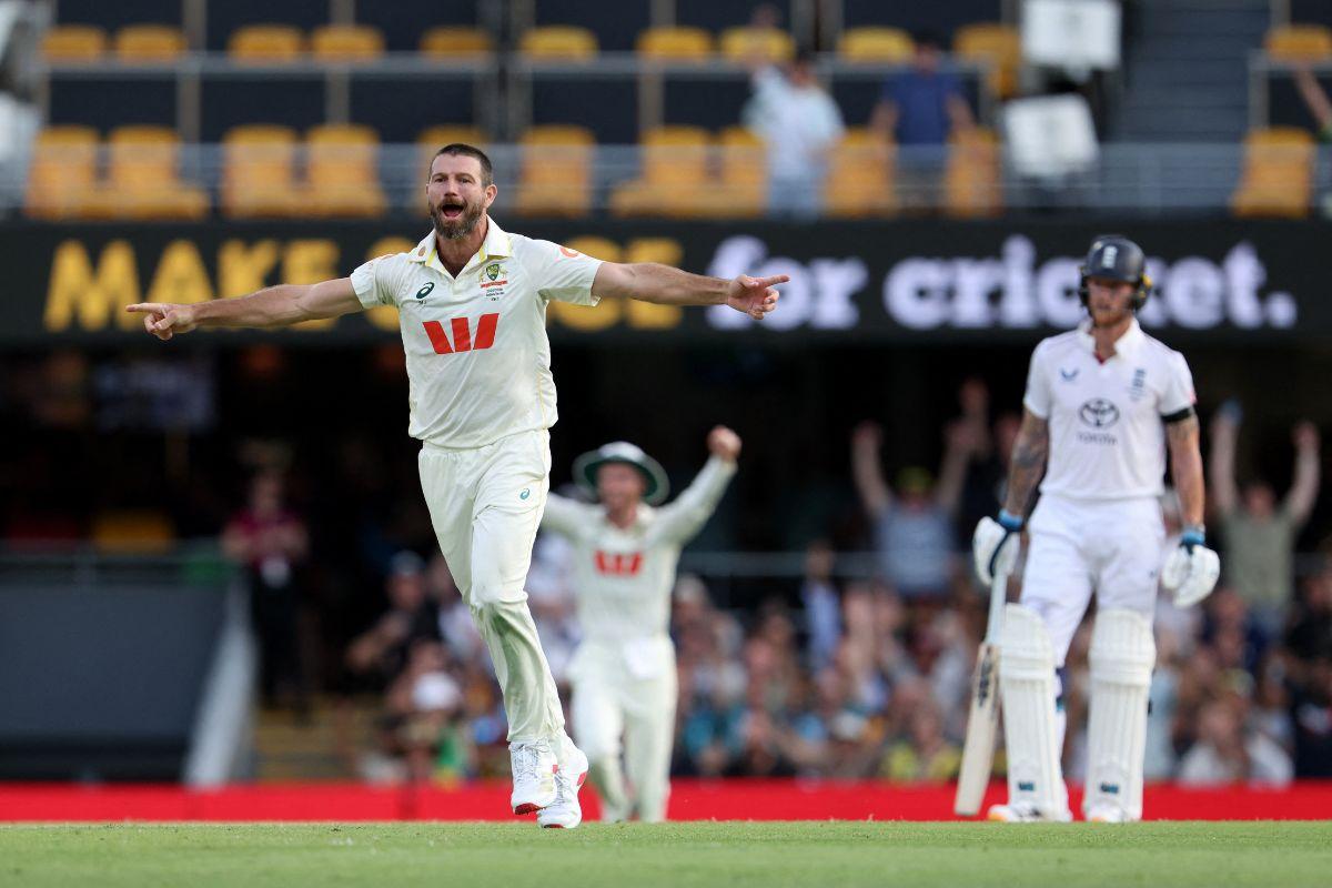 Australia's Michael Neser celebrates after taking the wicket of England's Will Jacks, caught by Steve Smith 
