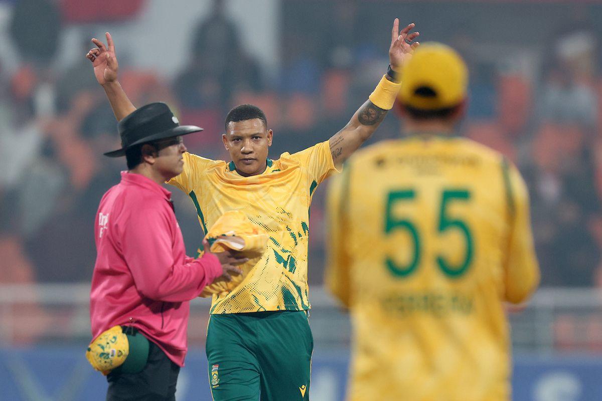 Ottneil Baartman, who ended up with four wickets, celebrates dismissing Shivam Dube.