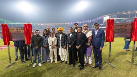 Bhagwant Mann, Chief Minister of Punjab, with Yuvraj Singh and Harmanpreet Kaur after the inauguration of stands in the names of the World Cup winners at the New PCA Stadium, Chandigarh, before the second T20 International between India and South Africa, on Thursday.