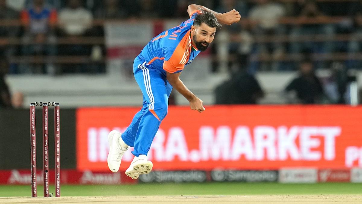 India pacer Mohammed Shami bowls during the third T20I against England at Rajkot on January 28, 2025.