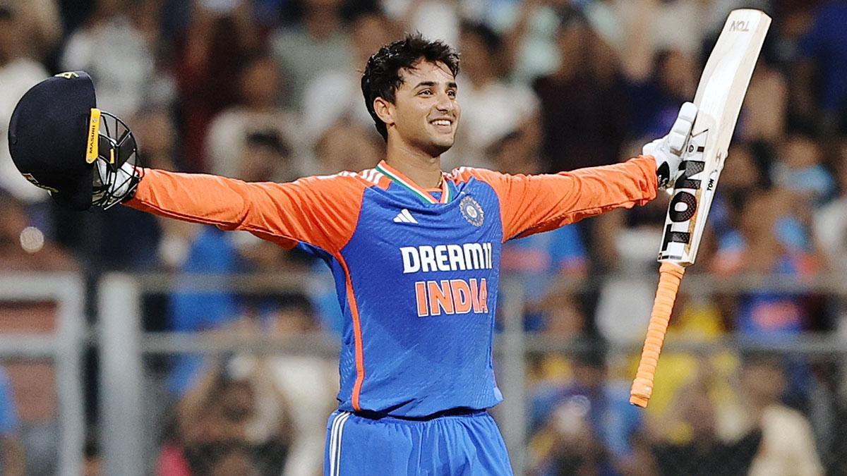 India opener Abhishek Sharma breaks into celebration after bringing up his century in the fifth T20 International against England at the Wankhede stadium in Mumbai on Sunday.