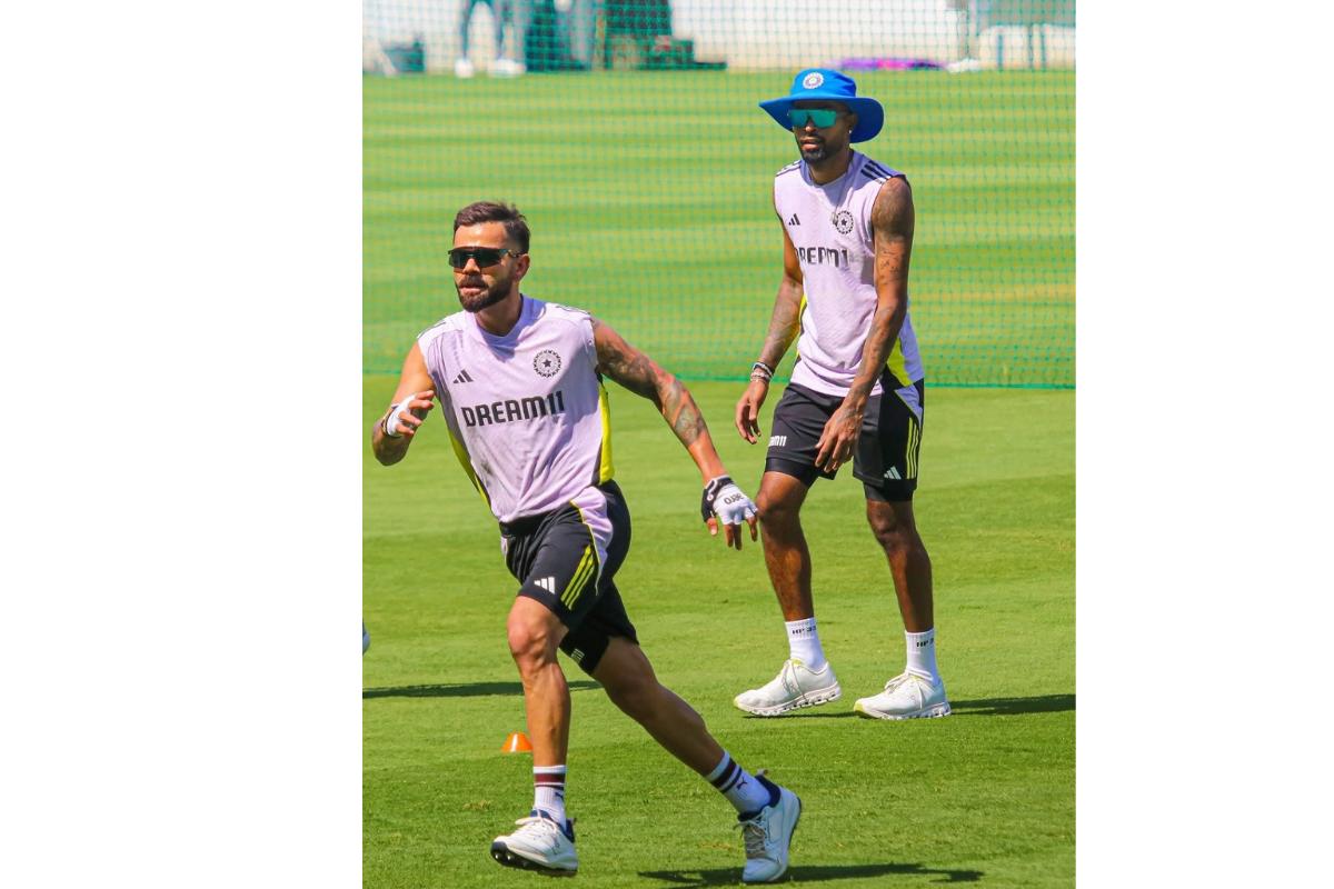 Virat Kohli and Hardik Pandya at a fielding drill during a training session in Nagpur on Tuesday